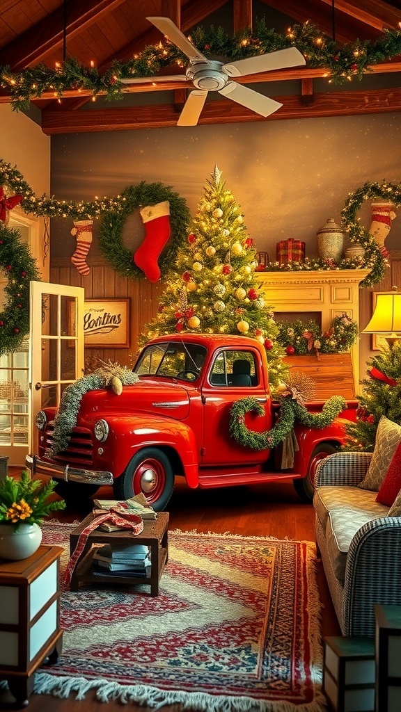 Living room with red truck Christmas wallpaper, decorated for the holiday season.
